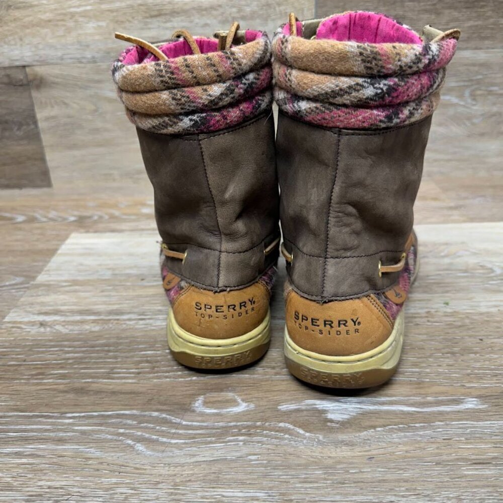 Sperry Hikerfish Brown Leather Pink Plaid Boots Women's Size 9 - Picture 3 of 6